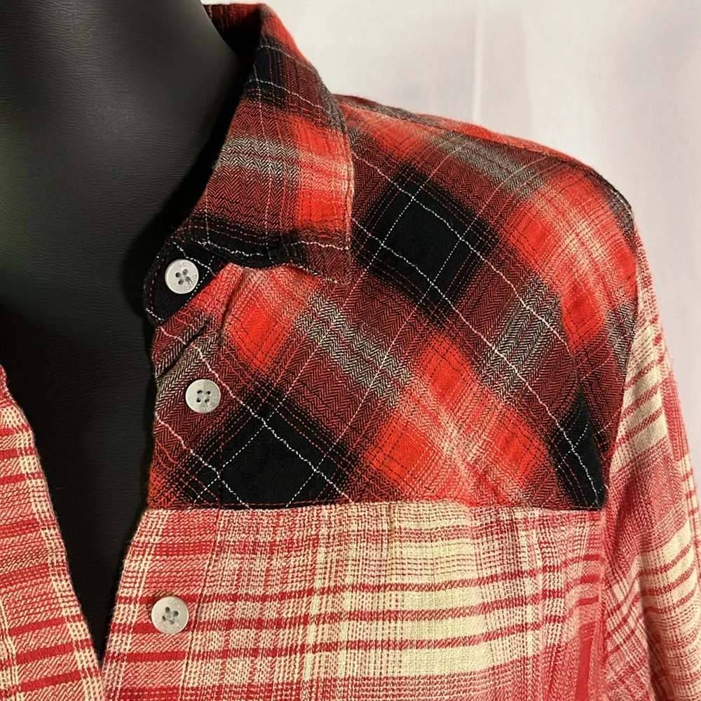 C&C California Chrysanthemum Red Mixed Plaid High Low Button Down Shirt - Picture 6 of 16
